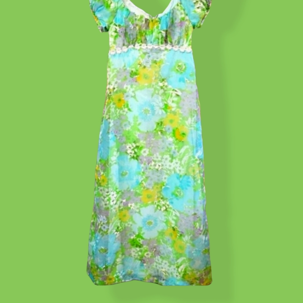 Vintage 1960s Hippie Woodstock Daisy Empire Maxi Dress - Picture 12 of 16